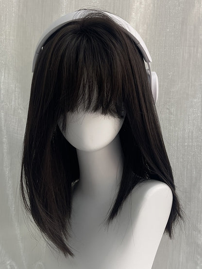 Black Tea Above Bust Length Straight Synthetic Wig With Full Bangs