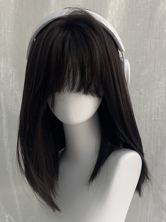 Black Tea Above Bust Length Straight Synthetic Wig With Full Bangs