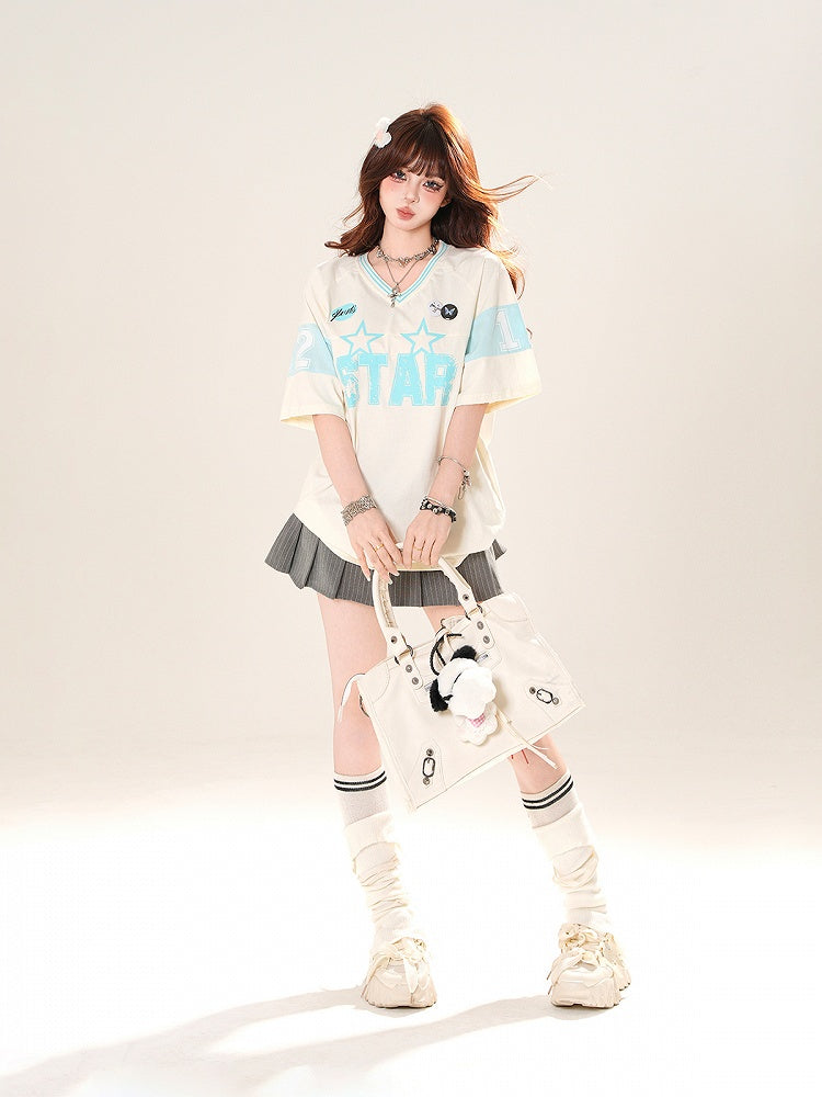 Black/White V-Neck Letter Print Blokette Core T-Shirt