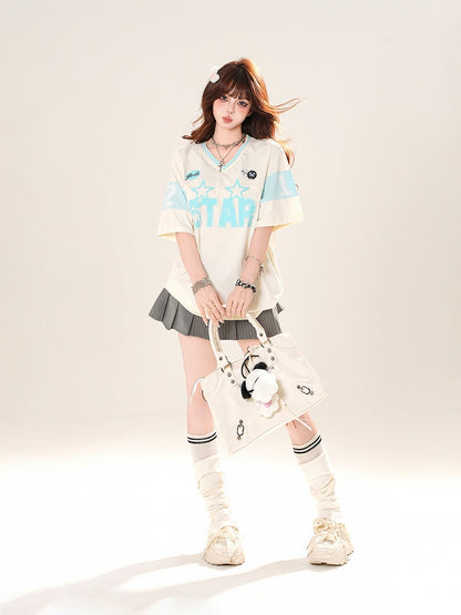 Black/White V-Neck Letter Print Blokette Core T-Shirt