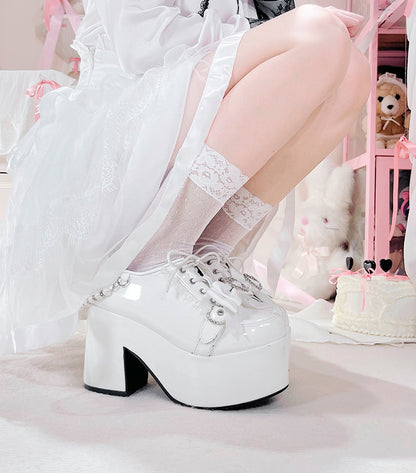 Jirai Kei Polished White Lace Trim Heart Bow Platform High Block Heels with Beaded Chain