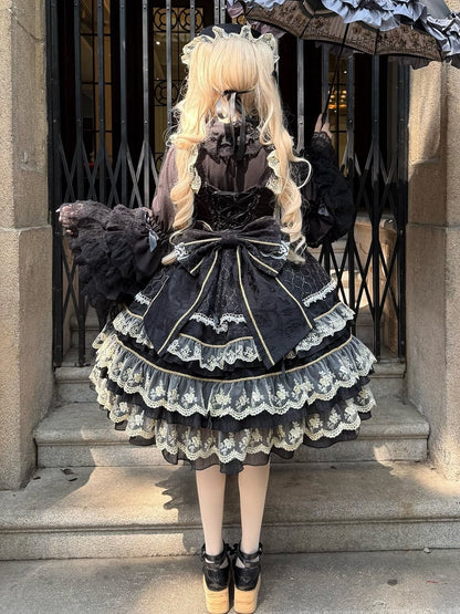 Princess Neckline Lolita Chain Gorgeous Bead Black Bow Flower Dress