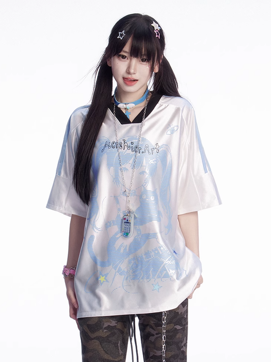 V-neck Blue/Pink Blokette T-shirt Anime Girl Print Core Loose
