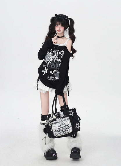 Star Y2K Print Open Shoulder Black/White Top Faux Two-pieces