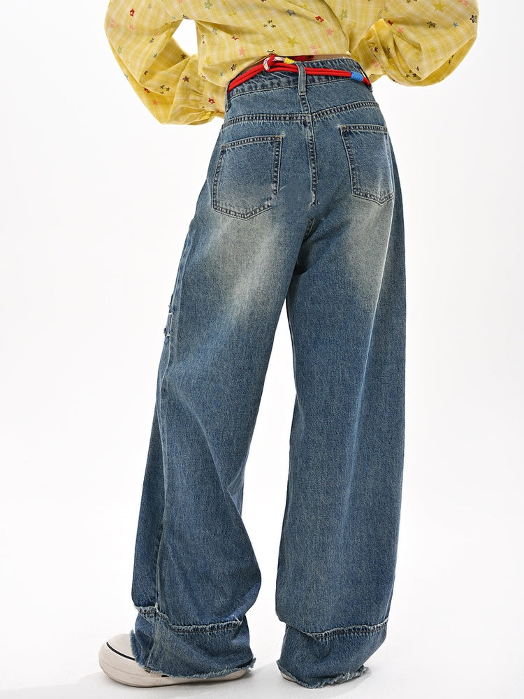 Raw Wide-Leg Jeans Waist Bowknot Appliques Blue Low Hem Vintage