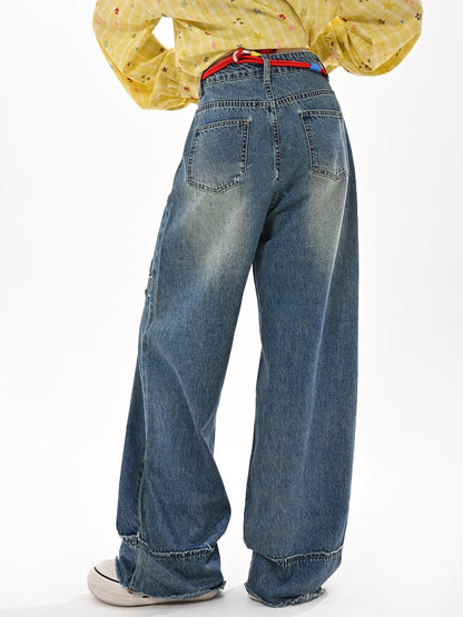 Raw Wide-Leg Jeans Waist Bowknot Appliques Blue Low Hem Vintage