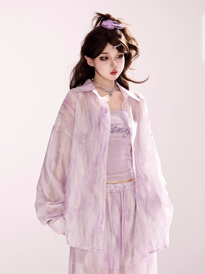 Light Waist Wide-leg Casual Loose Shirt / Pants Purple Drawstring