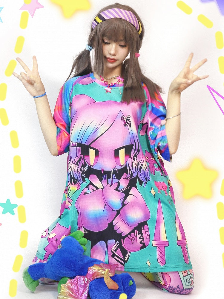 Gyaru Colorful Cartoon Short Striped Fashion Pattern Print Sleeve T-Shirt