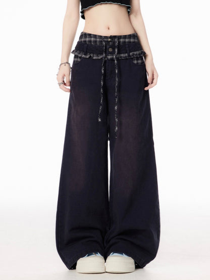 Plaid Patchwork Waist Black Low Rise Wide-leg Jeans
