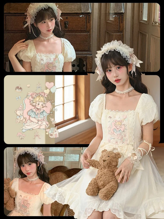 Sweet Fairy Tale Print Apricot Square Puff Short Casual Bow Big Lolita Dress Waist Neckline Sleeves and