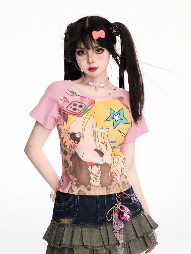 Pink Y2K Cartoon Girl Print T-Shirt/Cami Top