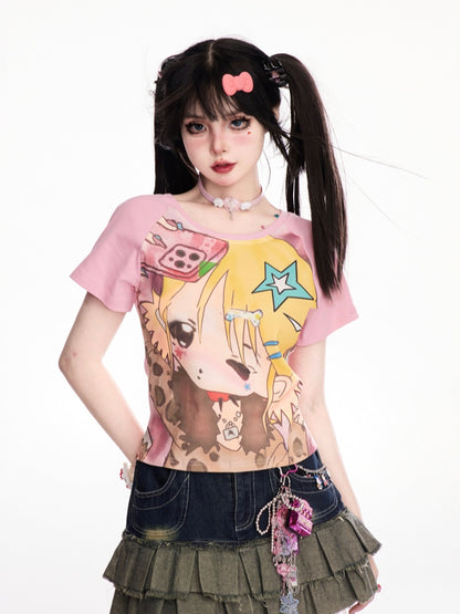 Pink Y2K Cartoon Girl Print T-Shirt/Cami Top