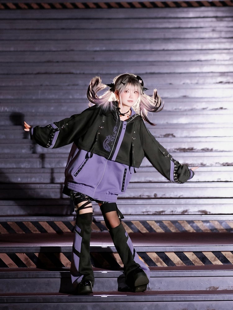 Cyberpunk-Style and Purple Colorblock Black - Techwear Jirai Design Warmers Kei Leg
