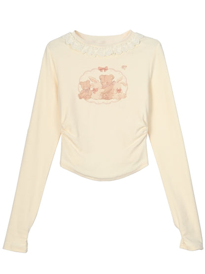 Apricot Bunnyand Teddy Bear Long Sleeves Top Ruched