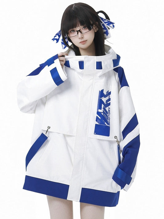 Veste coupe-vent à capuche Jirai Kei Techwear bleu et blanc avec bretelles