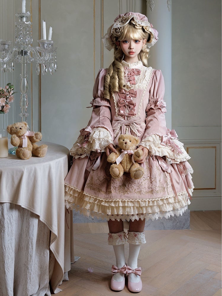 and Embroidery Candlestick Candle Bell Dress Pink Sleeves Velvet