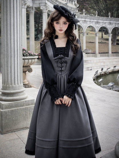 Black and Gray Elegant Square Neckline Spring Long Bishop Sleeves Lolita Dress
