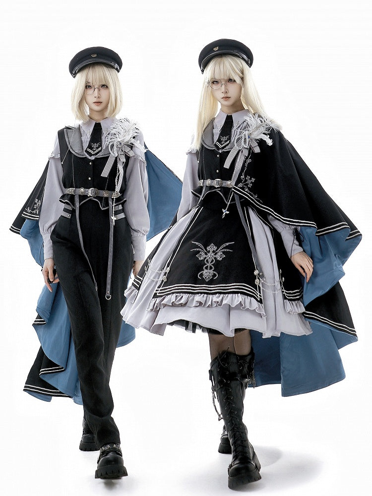 Military Waistcoat Black Pants Sleeves Shirt Gray + Lolita Prince Outfit-Long Fashion Ouji Waist High And
