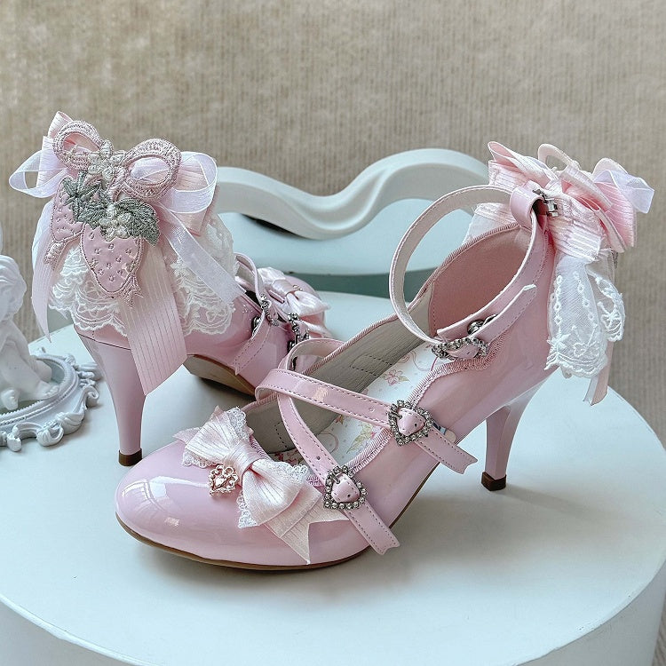 Light Elegant with PU Pink Bows High Leather Lolita Heels