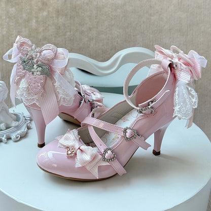 Light Elegant with PU Pink Bows High Leather Lolita Heels