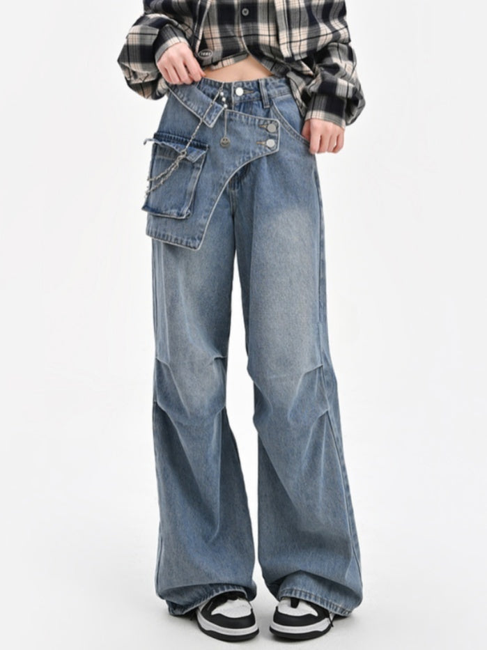 Wide-Leg Jeans Waistline Design Blue Asymmetrical