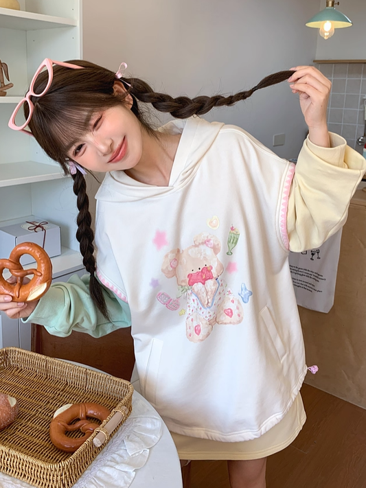 Autumn and Hem Green Yellow Colorblock Design Teddy Bear Print Drawstring Hoodie