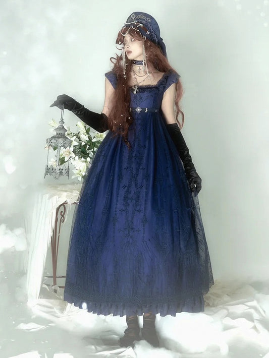 Robe taille empire cathédrale bleu foncé style gothique Lolita JSK