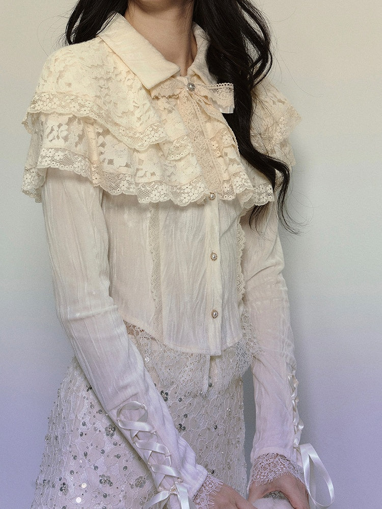 Apricot Lace Shawl Cropped Shirt Lace-up Detail Sleeves