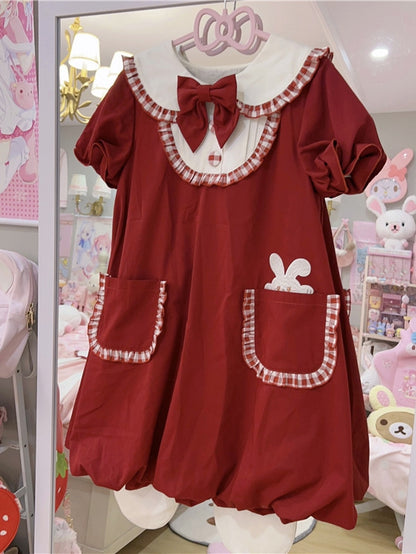 Wine Red Bunny Ears Peter Pan Collar Bubble Skirt Dress