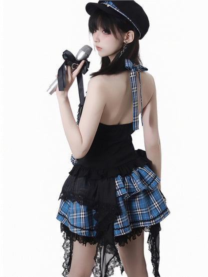Blue Heart Black Plaid Pattern and Tiered Skirt Buckles Lace Trim Idol