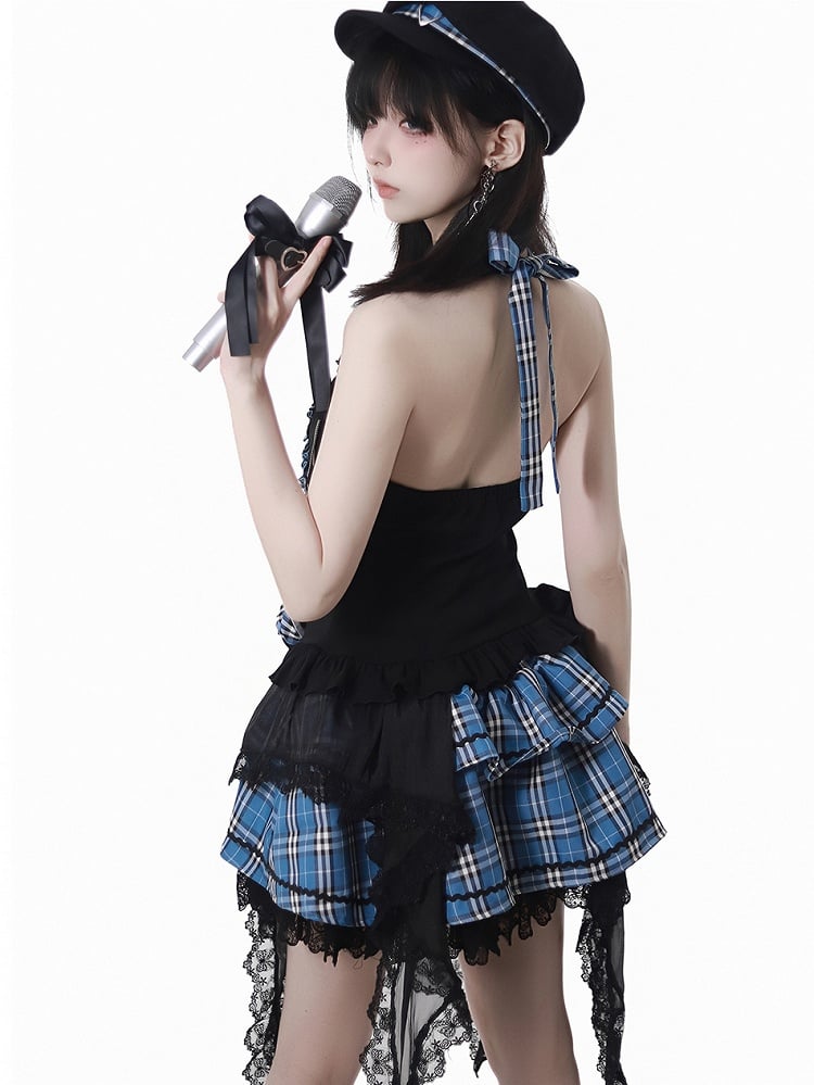 Print Design Butterfly Handkerchief Hem Idol Blue Plaid Criss-cross Halter Top Black and Rose