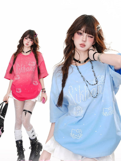 Blue/Rose Red Round Neck Kitty Rhinestone Loose T-Shirt