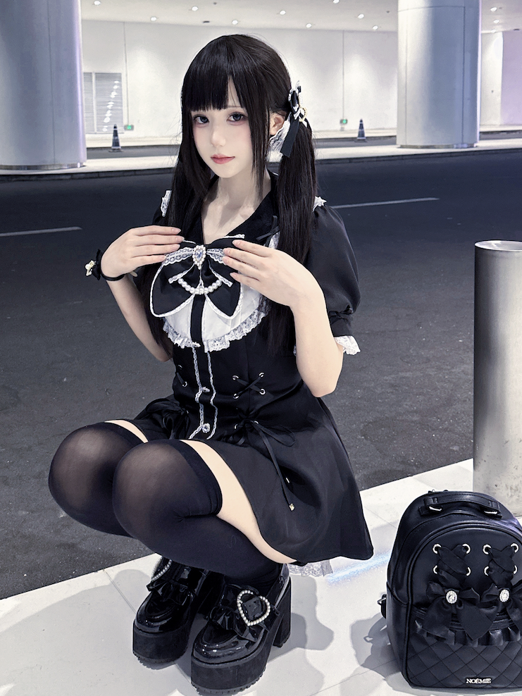 Jirai Embellished Kei Set White Lace-up Waist Rhinestones Mini Dress+Shorts Black Details