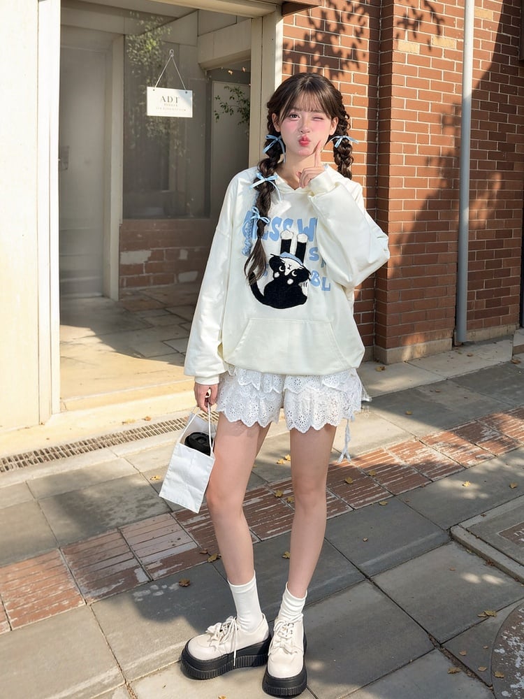 Printed Hoodie Loose Kitty Applique Beige