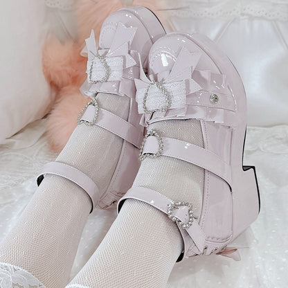Decorated Jirai Kei Block Heels Lace-up Polished Platform Pink Details High Heart Rhinestone