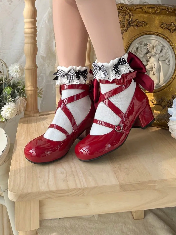 Accent Bow Crisscross Heels Mid Red Design Sweet Toe Round - Lolita