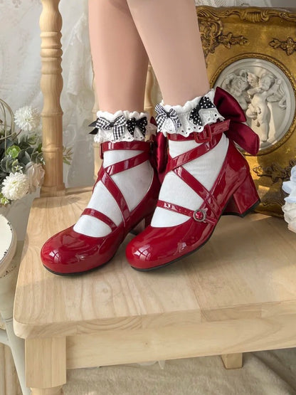Accent Bow Crisscross Heels Mid Red Design Sweet Toe Round - Lolita