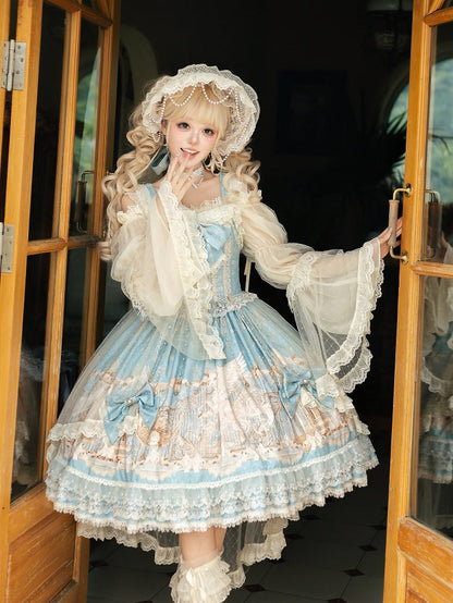 Print Full Lolita Set Classic Elegant Unicorn Blue Dress JSK