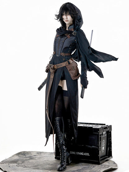 Shawl Gray Dress Sleeves Thigh-high Sleeveless Belt Slit Black Shorts + and Hood