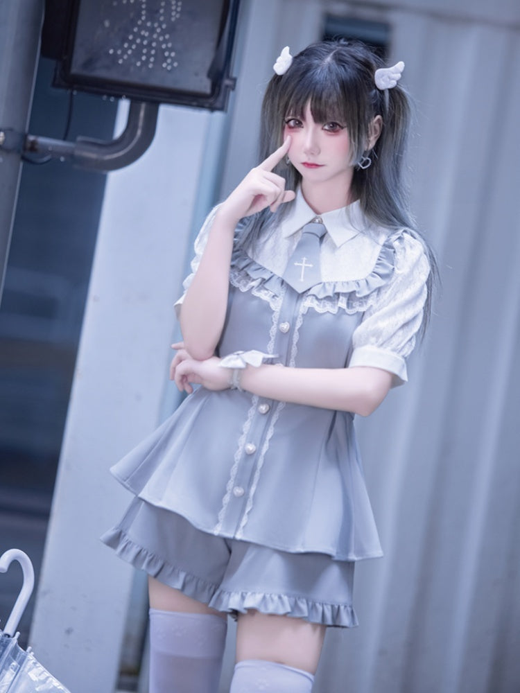 Buttons Hem Shorts+Tie Full Trim Light Kei Jirai Set-Lace Blue Blouse+Ruffled Heart