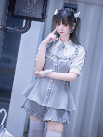 Buttons Hem Shorts+Tie Full Trim Light Kei Jirai Set-Lace Blue Blouse+Ruffled Heart