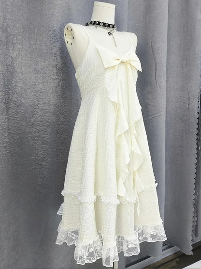 Big Bow Neckline Lace Skirt Apricot Cami Dress Trim Bubble