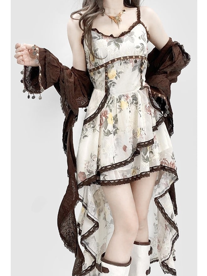 Bell Skirt Cami White Holiday Sleeves Brown With High-low Dress Floral Cardigan