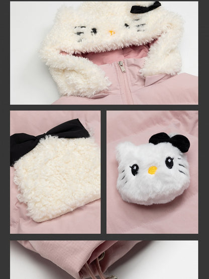 Pink/Black Kitty Adorned Hooded Puffer Jacket Plush Cuffs
