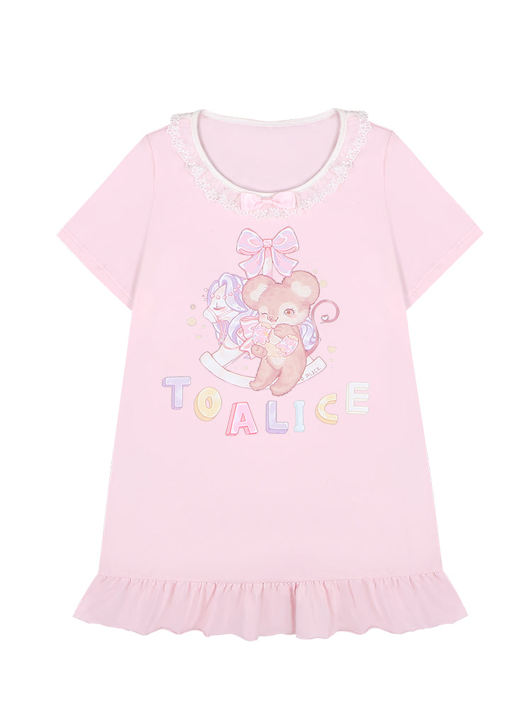 White/Pink Version Trim Adorable Lace Long Print T-Shirt Mouse