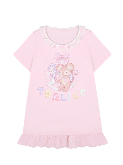 White/Pink Version Trim Adorable Lace Long Print T-Shirt Mouse