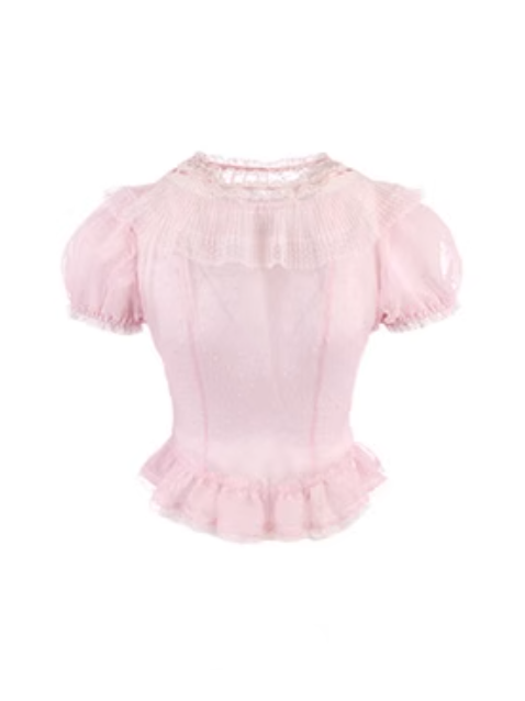 Puff Sleeve Top Pink Chiffon Polka-dot
