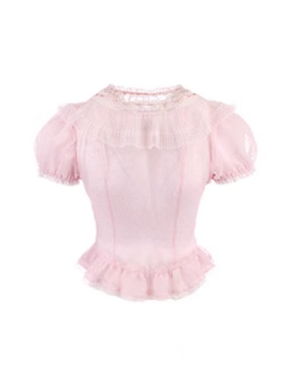 Puff Sleeve Top Pink Chiffon Polka-dot