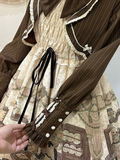 Fake Pieces Design Coffee Creamy Lolita House Print Dress Sleeves Long Teddy Two