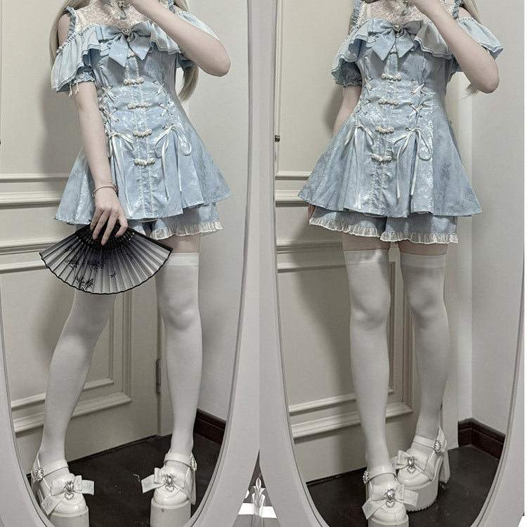 Shorts Bow Tie Cheongsam Light + Neckline Kei Style Set- Jirai Illusion Mini Dress Blue + Bell Sleeves